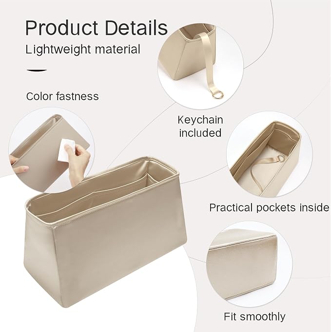 Fits for Brikin Bag Insert Organizer For Hermes(30 R,Champagne) | Premium Silk Material,Smooth Touch,Lightweight,zipper,protect from scratches & stains,multiple pockets,keychain,waterproof - Image 6