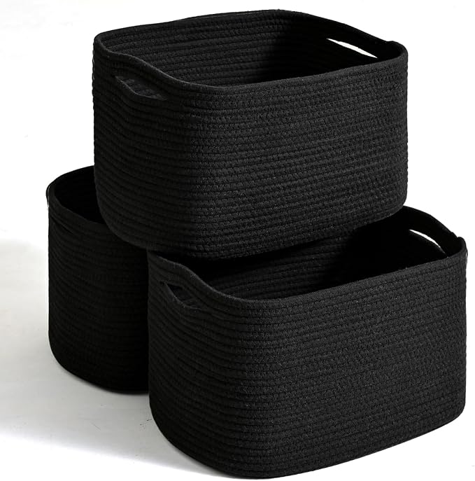 Storage Baskets for Organizing Shelves, Woven Cotton Rope Bins for Organization, Dog Toy Organizer for Shelf Living Room Bedroom, 14.8"×11"×9.5", Pack of 3, Black by Unknown