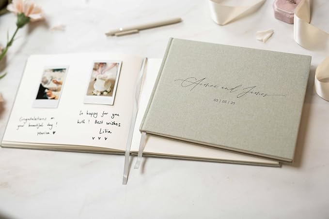 Personalized Linen Guest Book (Design 1) - 9 x 7.5 Hardcover Custom Wedding Guestbook Bride and Groom Name with Date, Reception Ceremony Engagement Party Keepsake Signing Book with 120 Blank Pages - Image 6