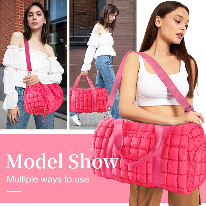 Quilted Travel Duffle Bag Gym Bag for Women,Large Puffer Duffle Weekender Bag with Compartment,Workout Overnight Carry on Organizer Bag Duffle Bag for Airplane Travel(Rosered) - Image 5