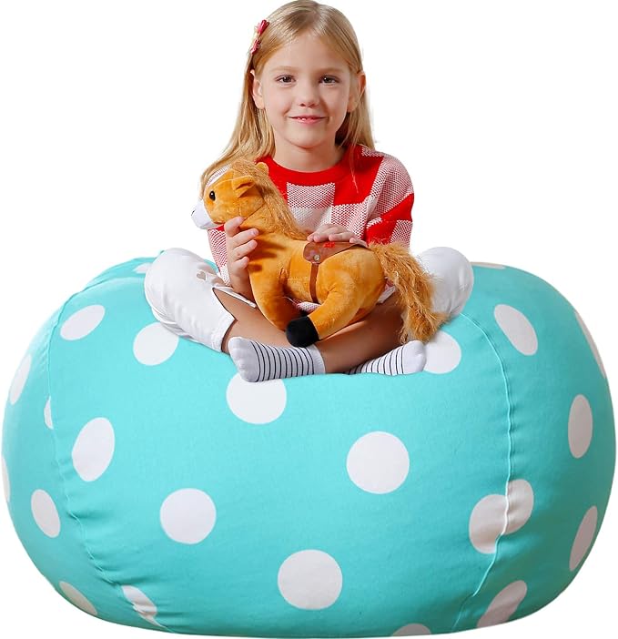 Aubliss Stuffed Animal Bean Bag Storage Chair, Beanbag Covers Only | for Organizing Plush Toys, Turns into Bean Bag Seat for Kids When Filled, Large 38"-Canvas Dot Light Aqua by Aubliss