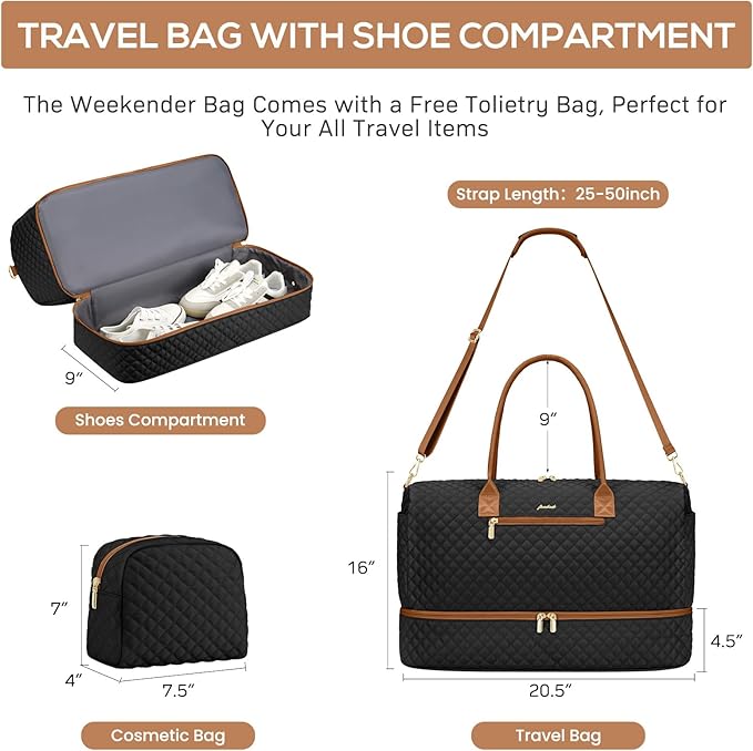 Travel Bag Weekender Bags for Women - Carry on Overnight Bag with Shoe Compartment Duffle Bag with Laptop Pocket Hospital Bag for Labor Delivery Gym Tote Bag with Toiletry Bag Black Brown - Image 3
