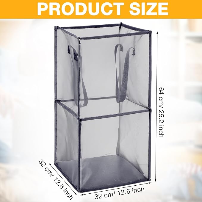 Zopeal 3 Pack Collapsible Mesh Laundry Basket, Grey, Double-layer | 13 Inch Square with Handles, Portable Foldable Hamper, Mesh See-through, Space Saving for Dorm Bedroom Laundry Room - Image 2