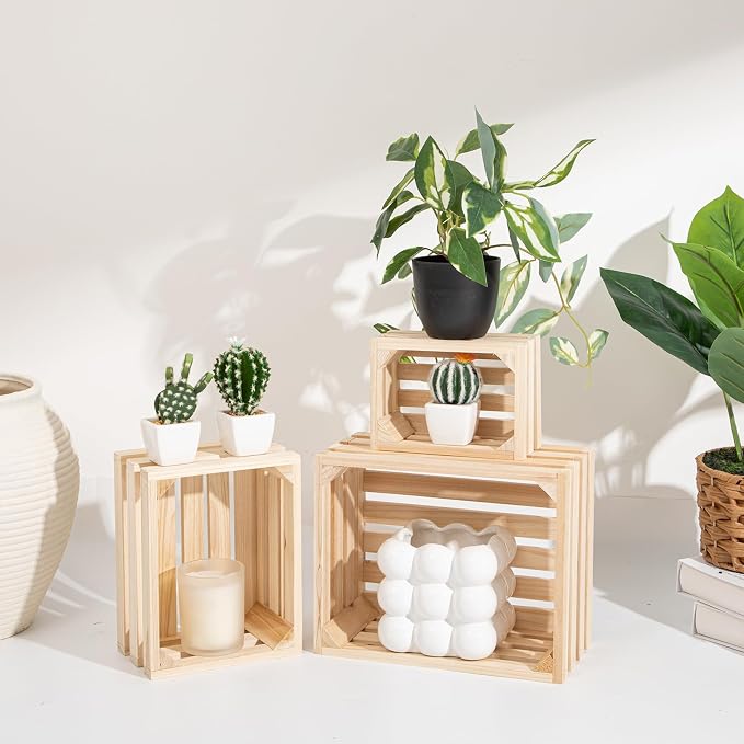 Oairse Set of 3 Nesting Wooden Storage Crates - Rustic Wooden Storage Crates for Display Wood Container Boxes Wood Baskets for Farmhouse Flower Stand Display Rack for Shops or Exhibitions Home Decor - Image 2