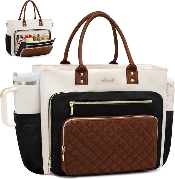 LOVEVOOK Teacher Tote Bag for Women Work, Laptop Bag With Large Cup Holder, Nurse Bags Professional Briefcase Business Computer Purses Bible Handbag Gifts, Black-Beige-Brown, 15.6 Inch by LOVEVOOK