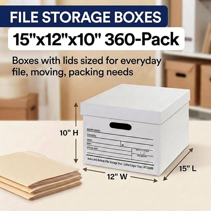 BOX USA File Boxes with Lids and Handles (360-Pack) - File Storage Boxes for Office Supplies, Book Storage, Moving, and Packaging, Fits Letter and Legal Paper, Removable Lid - Image 2