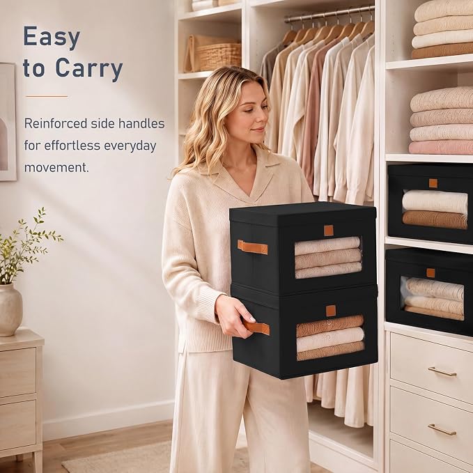 DIMJ Storage Bins with Lids - 5 Pack Front Opening Stackable Fabric Storage Boxes with Clear Window & Handles, Collapsible Closet Organizers for Clothes, Sweaters, Shelf Storage, Bedroom, Black - Image 5