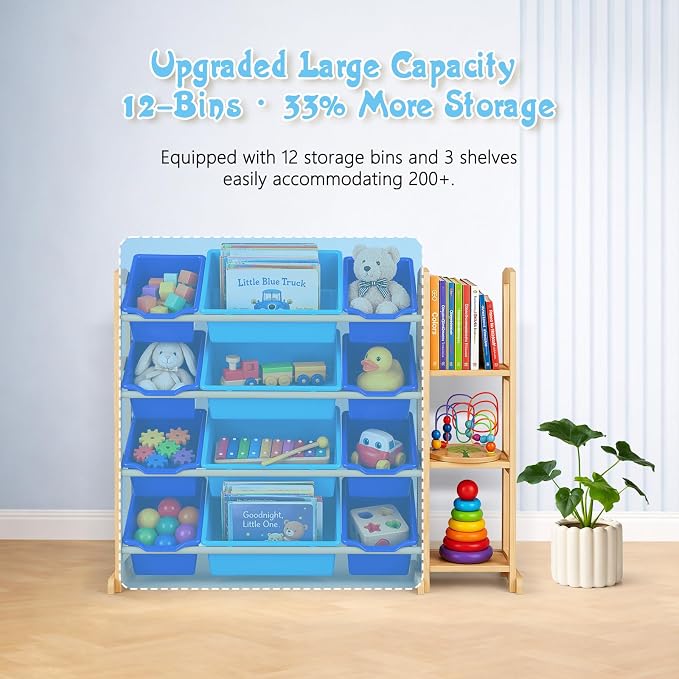 Kids Toy Storage Organizer with Bookshelf – Wooden Shelf with 12 Bins & 3 Shelves, Quick Assembly Storage Rack for Playroom, Bedroom, Nursery– Blue - Image 5