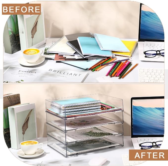 DoubleFill 12 Pcs Stackable Letter Tray Plastic Paper Tray, Clear | 13 x 9.5 x 2.6 In, Rectangular, Paper Holder, File Tray for Desktop Office Desk Drawers - Image 5