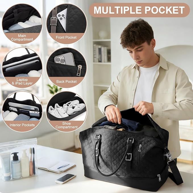 Travel Duffel Weekender Bag Women Tote Carry On Bags With Shoe Compartment | Travel Overnight Bags with Trolley Sleeve for Airplanes Sport Tote Gym for Men Waterproof Lightweight Daypack Black - Image 5