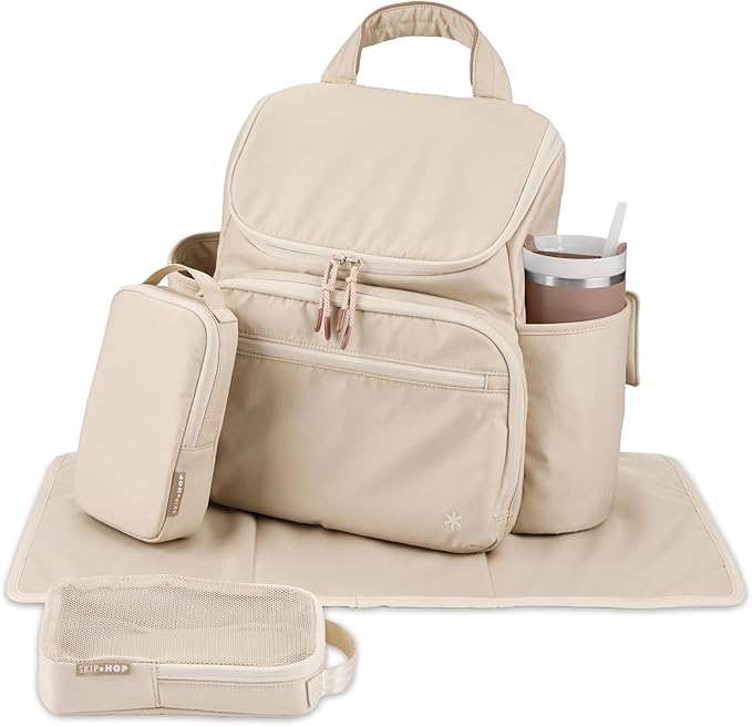 Skip Hop Diaper Bag Backpack with Portable Changing Pad Adjustable Pocket for 30 oz. Tumblers 9 Total Pockets Insulated Packing Cubes Luggage Sleeve & Stroller Straps Fits a 14” Laptop Forma Next Oat - Image 4
