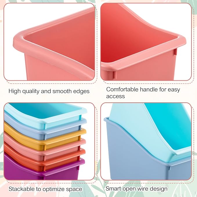 Geetery 6 Pcs Book Bin for Classroom with Labels Stackable Plastic Organizing Bins 11.5 x 5.4 x 7.5 in Book Holders Storage Bins Box Baskets for Classroom Library Home (Wildflower Color) - Image 3