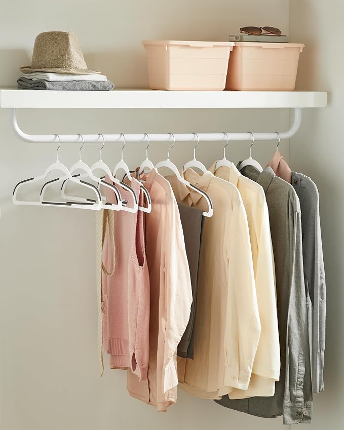 SONGMICS Plastic Clothes Hangers, Pack of 30, Non-Slip, Space-Saving | 0.2 Inches Thick, 17.7 Inches Wide, 360° Swivel Hook, White and Dark Gray, BREANNA Collection UCRP050W03 - Image 3