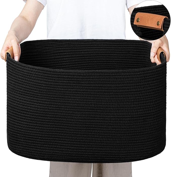 Large Blankets for Living Room, 72 L Woven Cotton Rope Baskets for Storage, Organizing Kids Toys & Dog Toys, Large Basket Organizer for Nursery, Bedroom, Bathroom, 22’’*17’’*11.8’’ Black by danpinera