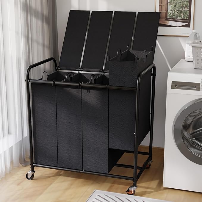 180L Laundry Sorter 4 Section with Lockable Wheels and Lid Black | 4 Large Separate Removable Bags | Heavy Duty Rolling Laundry Basket | Laundry Hamper Cart for Laundry Room Organizer by YKDIRECT