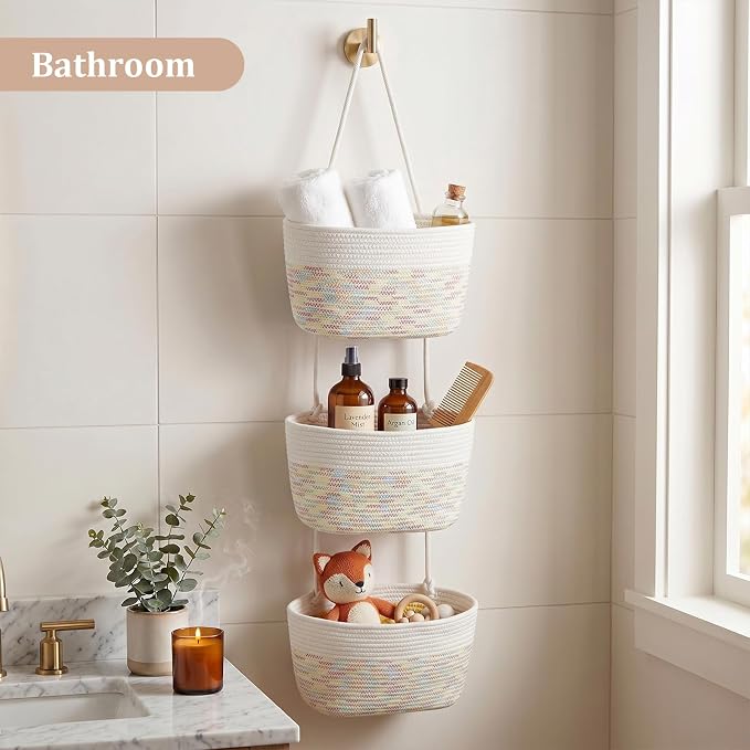 TeoKJ Over the Door Hanging Basket, 3-Tier Woven Cotton Wall-Mounted Storage Organizer Bag Decorative Hanging Nursery Baskets, White & Rainbow Stitching - Image 7