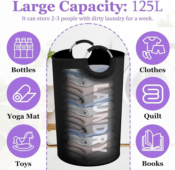125L Extra Large Laundry Basket with Handles, Collapsible Clothes Hamper for Bedroom, Independent Dirty Clothes Basket, Portable Laundry Bin for Hotel, Dorm, Black - Image 2