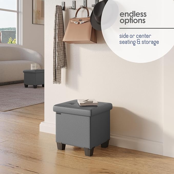 Storage Ottoman Cube with Small Bin, 15-in Square Ottoman with Storage for Living Room and Bedroom, Small Ottomans Foot Rest, Faux Leather Foot Stools Ottomans Max 330lbs, Grey - Image 7