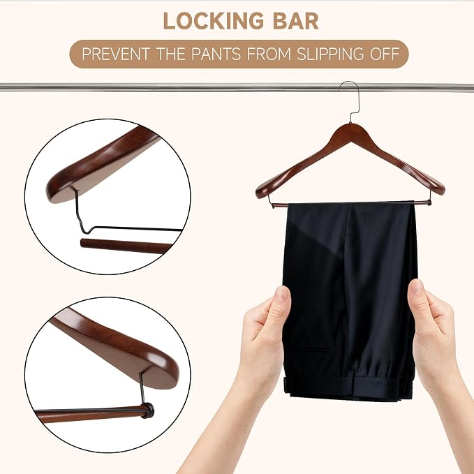 Wide Shoulder Wooden Hangers with Locking Bar, Walnut, 36-Pack | Non-Slip Suit Hangers with Flat-Head Hook for Suits, Jackets, Coats, Shirts, Outerwear and Heavy Clothes - Image 5