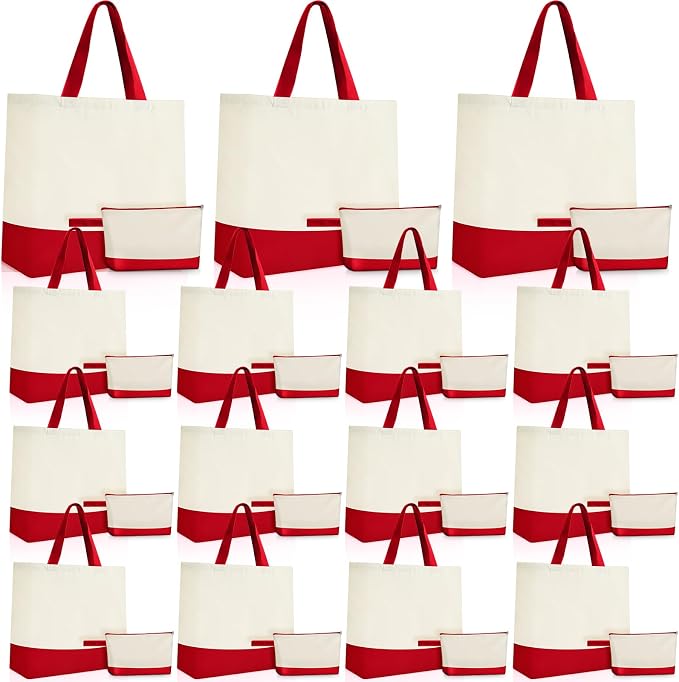 Sanwuta 30 Pcs Canvas Tote Bags Bulk with Zipper Cosmetic Pouch,Red | 18.5" Reusable Cotton Shopping Bag with Handle for DIY Craft by Sanwuta