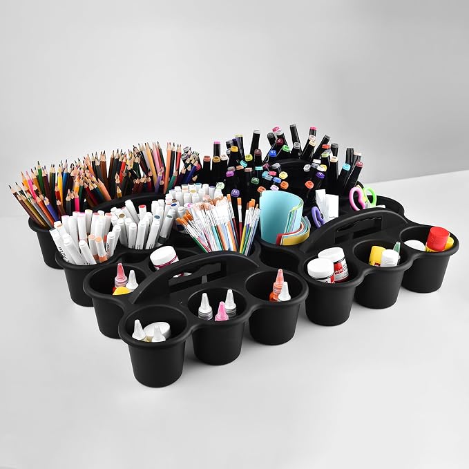 ALINK 6 Pack Classroom Caddy Storage Basket with Handle, Plastic Drink Cup Caddy Holder, 6 Compartments for Kids, Table, Office, Arts, Crafts, Crayon, Marker, Pencil, School Supplies - Black - Image 7