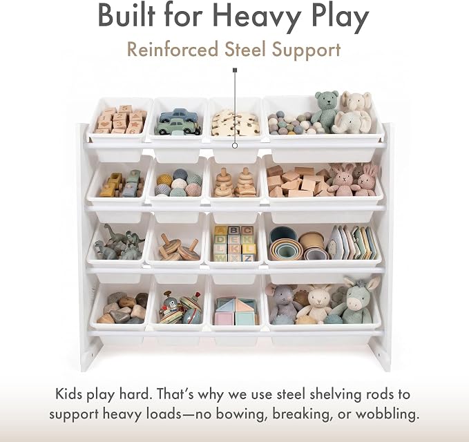 Humble Crew Kids Toy Organizer with 16 Bins, 4 Tier Storage for Playroom | Sturdy wood and steel toddler shelf, removable BPA-free containers, wall anchor anti-tip safety kit for bedroom or classroom - Image 4