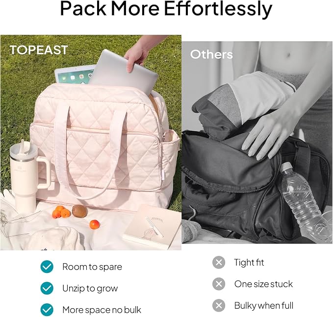 TOPEAST Duffel Bag for Women Travel, Expandable Quilted Weekender Overnight Duffle Bag with Adjustable Strap, Lightweight 33L Personal Item Bag Hospital Bags for Labor and Delivery, Pink - Image 4