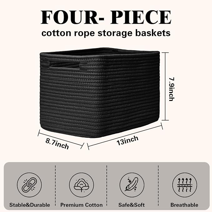 Storage Baskets for Organizing, 4 Pack Baskets for Shelves, Decorative Storage Bins for Shelves, Cotton Rope Storage Basket with Handles, Woven Basket for Storage, 13''Lx8.7''Wx7.9''H, Black - Image 3