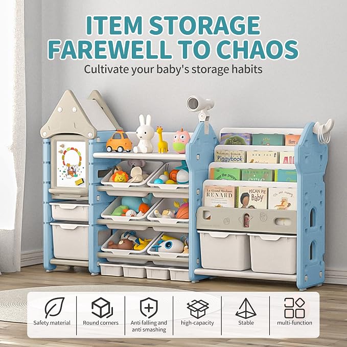 Kids Toy Storage Organizer with Bookshelf, 14-Bin Playroom Organizer and Bookcase, HDPE Toddler Storage Shelf with Drawing Board, for Nursery, Bedroom and Playroom (White & Blue) - Image 3