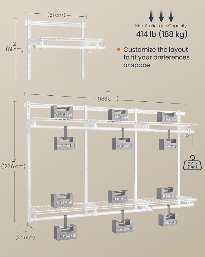 SONGMICS HOME Closet System, Closet Insert Organizer, 4-6 ft, Adjustable Metal Shelving Unit with 6 Hanging Rods, 6 Shelves, and Hooks, for Pantry Mudroom Garage Basement, Cloud White URGR032W01 - Image 3
