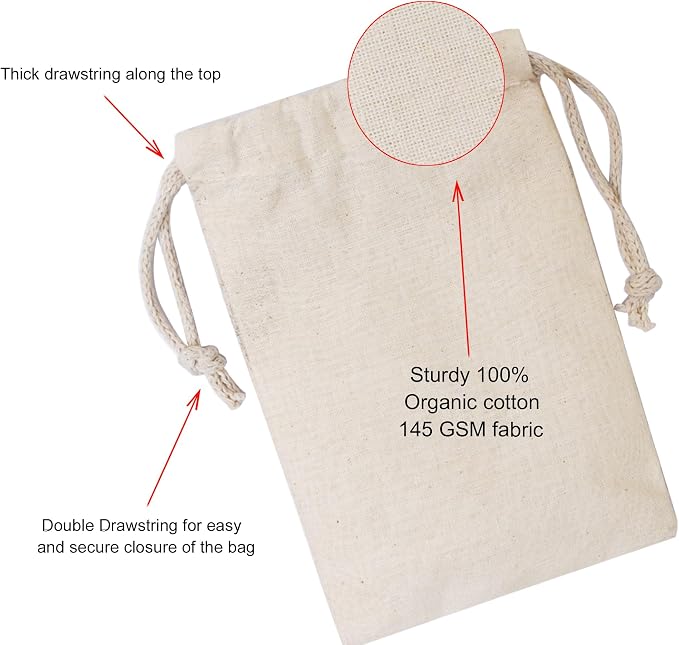100Pcs 8 x 10 Inches Premium Cotton Muslin Double Drawstring Bags, Reusable Bag Natural Cotton Bags with Drawstring Produce Bags Bulk Gift Bag Jewelry Pouch for Party Wedding Home Storage - Image 2