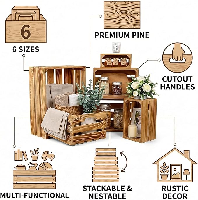 Set of 6 Decorative Wood Crates for Display, 6 Size Farmhouse Wooden Baskets Rustic Nesting Crates Decor Boxes with Handle for Storage, Container, Display, Christmas Decorations - Image 3