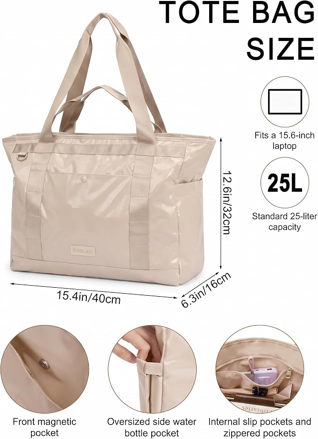 FHELAD Extra Large Glossy Tote Bag for Women, Beach Shoulder Bag 25L | Waterproof Sandproof, 15.6" Laptop Compartment, Luggage Strap, Work, Travel - Image 2