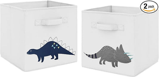 Sweet Jojo Designs Navy Blue and Grey Modern Dino Foldable Fabric Storage Cube Bins Boxes Organizer Toys Kids Baby Childrens for Mod Dinosaur Collection Set of 2 by SweetJojoDesigns