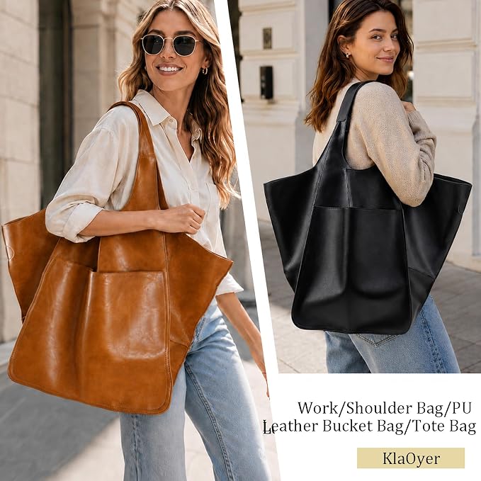 KlaOYer Oversized Leather Tote Bag Huge Capacity Work Hobo Pu Leather Bucket Purse And Handbag Large Soft Travel Shopping Bag - Image 2
