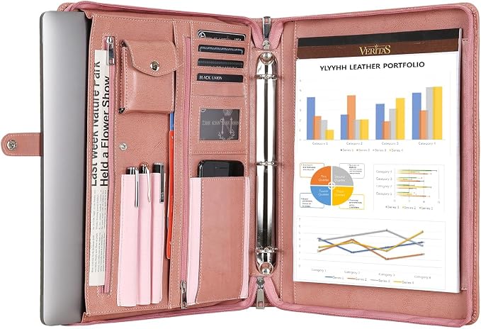 Pink Leather Padfolio for Women, Business Leather Binder 3 Ring Portfolio, Personalzied Leather Portfolio Binder, Zippered Portfolio Organizer for A4 Letter Size Notepad & 13-inch Laptop/Tablet by YLYYHH