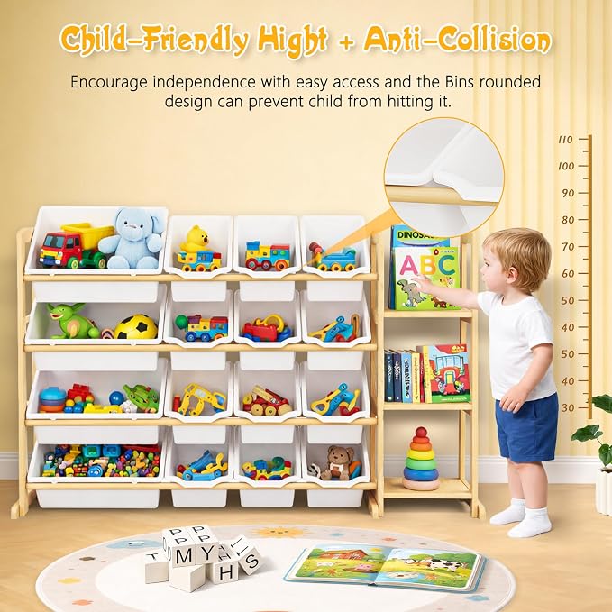 Kids Toy Storage Organizer with Bookshelf – Wooden Shelf with 16 Bins & 3 Shelves, Quick Assembly Storage Rack for Playroom, Bedroom, Nursery - White - Image 4