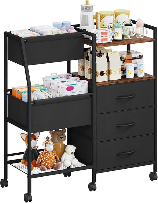 Somdot Baby Diaper Caddy Organizer, 3-Tier Rolling Cart with Drawers | Large-Capacity Metal Nursery Organizer with Removable Dividers, Black Rustic Brown by Somdot