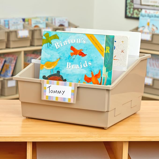 Really Good Stuff Picture Book Classroom Library Bins with Dividers, 6-Pack | Tan, 13.5 in W x 13.5 in D x 7.75 in - Image 3