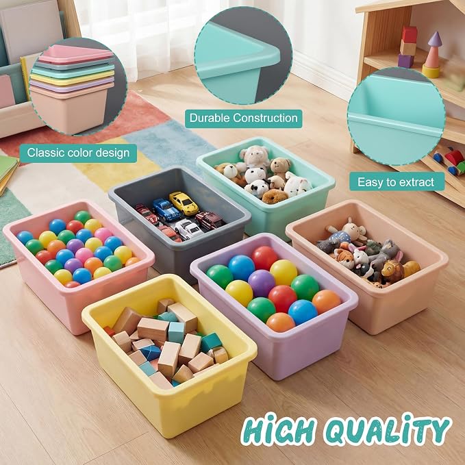 Tenceur 6 Pcs Plastic Book Bins for Classroom Library Cubby Bins Stackable Toy Storage Tubs Containers for School Office Home Nursery Playroom Organization, Pastel Color, 11.6 x 7.7 x 5 Inches - Image 3
