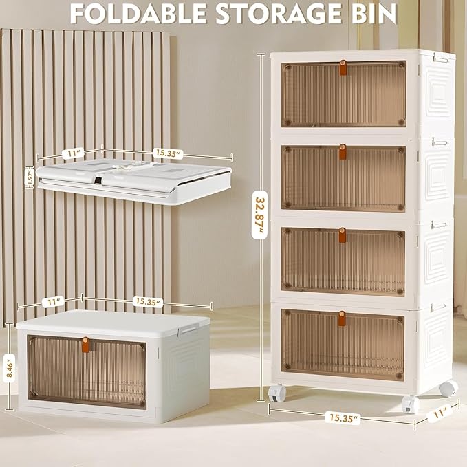 YFXCVSL 4 Tier Plastic Storage Bins with Lid 23QT, Stackable Storage Containers with Wheels, Folding Storage Boxes, Collapsible Storage Bins, Closet Organizers and Storage for Living Room,Office,Dorm - Image 2