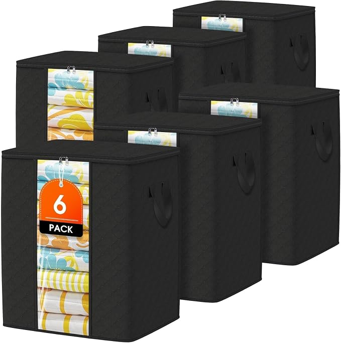 6 Pack Clothes Storage Bags 80L Blanket Storage Container with Window Black | Large Comforter Organizer for Closet, Bedding, Quilts, Sheets and Pillows, Foldable Storage Bags for Home Organization by Unknown