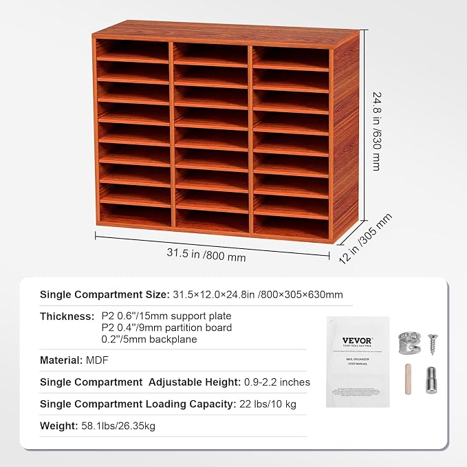 VEVOR 27 Compartments Wood Literature Organizer, Adjustable Shelves, Medium Density Fiberboard Mail Center, Office Home School Storage for Files, Documents, Papers, Magazines, Brown - Image 7