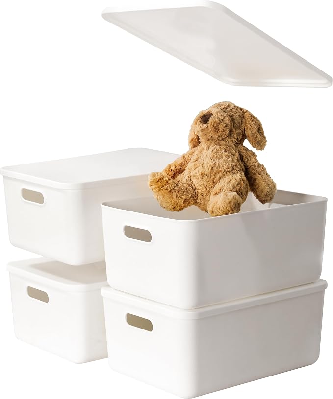 4 pack large plastic White storage bins with Lids, Toy Box Chest with Handle，Organizer Containers Baskets for Baby,Nursery，Shelves，Playroom, Bedroom，Office,Closet，home (White, 4M) by Gaoaodeyu