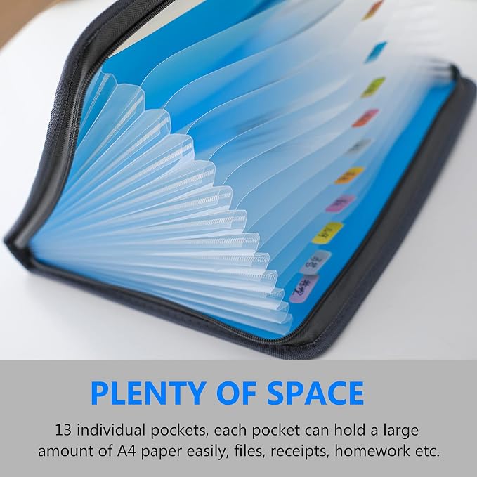 NAFY Expanding File Folder, 13 Pockets Document Organizer with Zipper, A4 Letter Size Portable Accordion Expanding File Folders with 27pcs Multicolor Labels for Home Office School Supplies (Blue) - Image 2