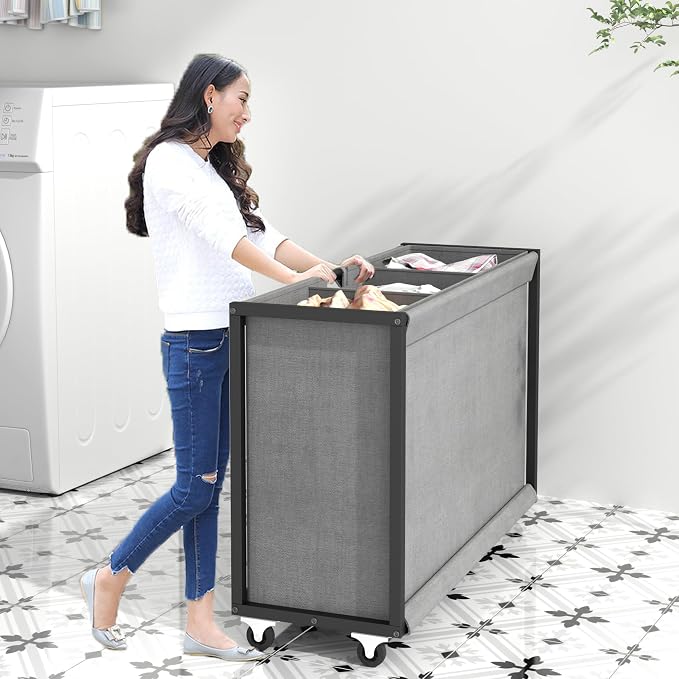 Laundry Hamper Laundry Basket with 3 Section Pull-Out Rolling Bags, Laundry Sorter for Organization and Storage with 2 Pull-Out Drawers for Laundry Room (Black+Grey, 43.31'' x 31.81'' x 12.6'') - Image 4