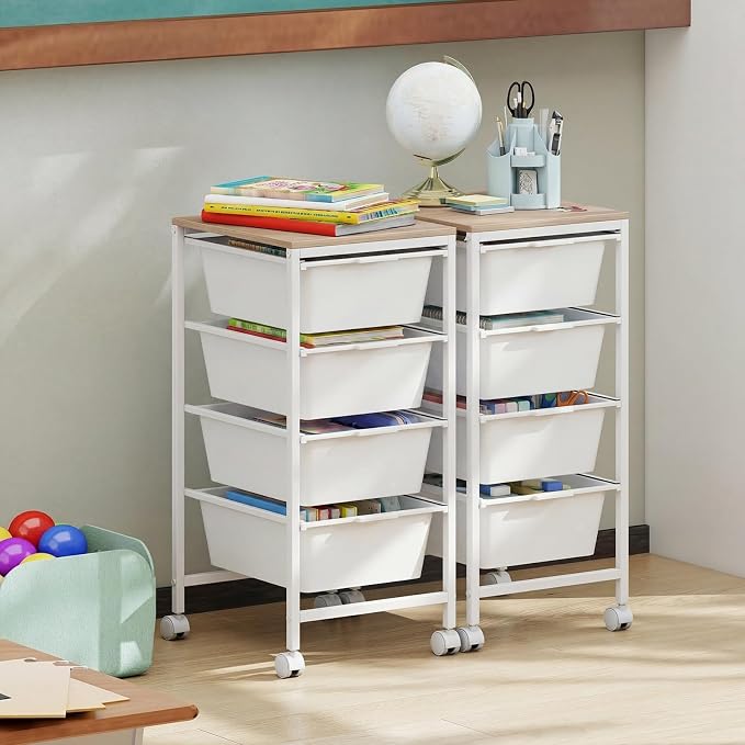 GOFLAME 4-Drawer Rolling Storage Cart, Craft Storage Cart with Wooden Tabletop and Lockable Wheels, Art Cart Supply Storage Organizer with Metal Frame for Home Office Classroom, White - Image 8