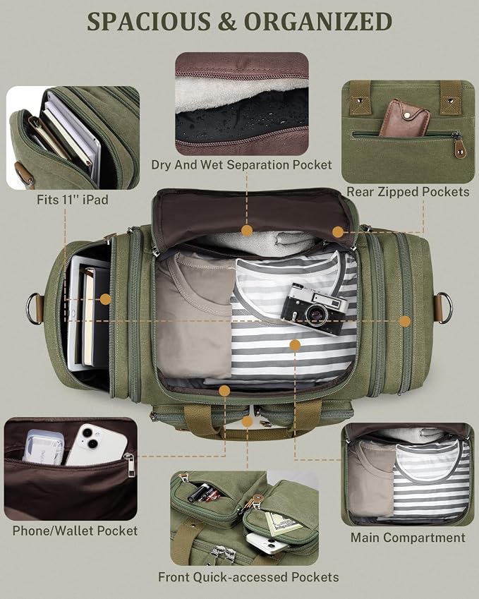 Gonex Duffle Bag for Travel, Expandable 60L Overnight Weekender Gym Bag | Water-Resistant Canvas, Wet-Dry Pocket, Luggage Sleeve, Carry-On Size, Detachable Strap, Coffee - Image 4