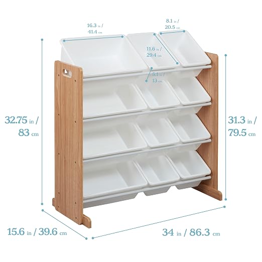 ECR4Kids 4-Tier Organizer with 12 Removable Plastic Bins, 4x3, Toy Storage, Dark Natural/White | Durable plastic bins, MDF panels, steel frame, GREENGUARD Gold Certified, 48 lb capacity, anti-tip kit, playroom/classroom - Image 3