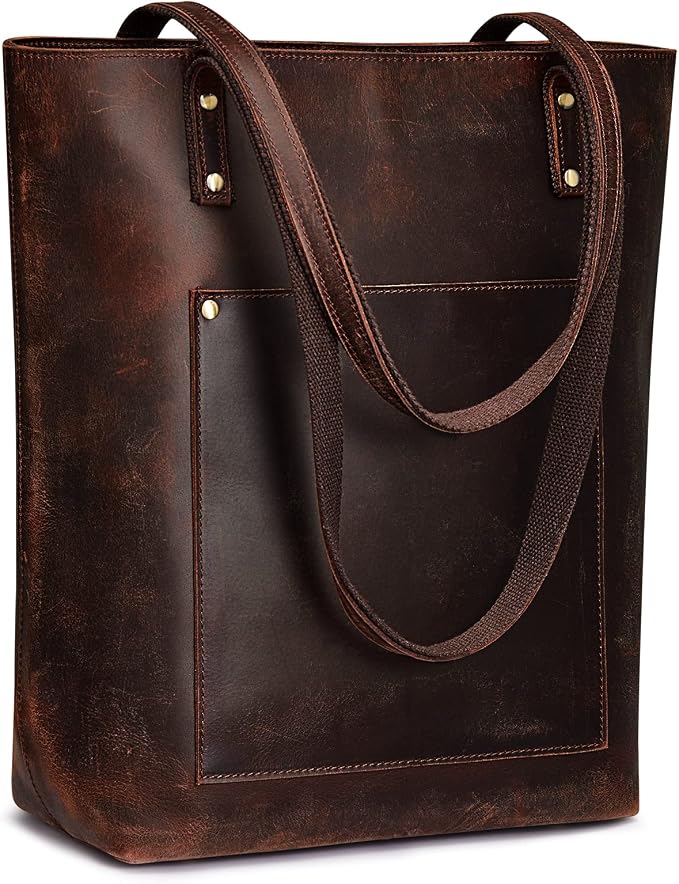 S-ZONE Leather Tote Bag for Women Work Handbag with Luggage Sleeve | Top Grain Genuine Leather, Padded Laptop Compartment, Multi Pockets, Large Retro Purse, Travel Everyday by S-ZONE